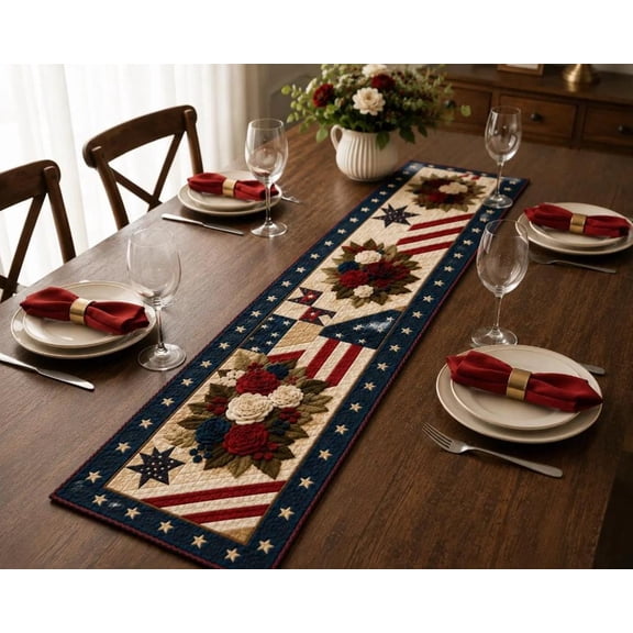 Americana Quilted Table Runner, Patriotic Flower Dining Decor, Red White and Blue Fabric Runner for Independence Day Summer Table