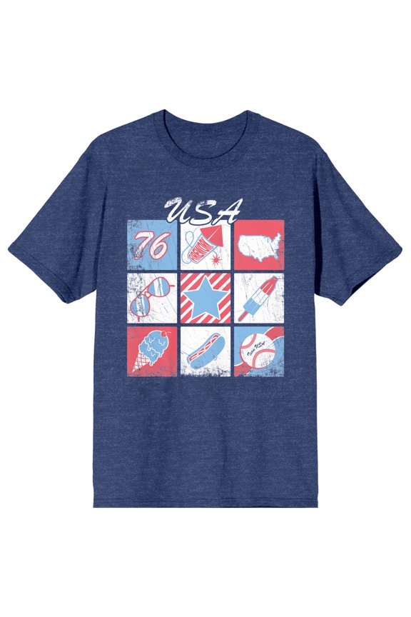 Americana Retro Grid Crew Neck Short Sleeve Navy Heather Men's T-shirt