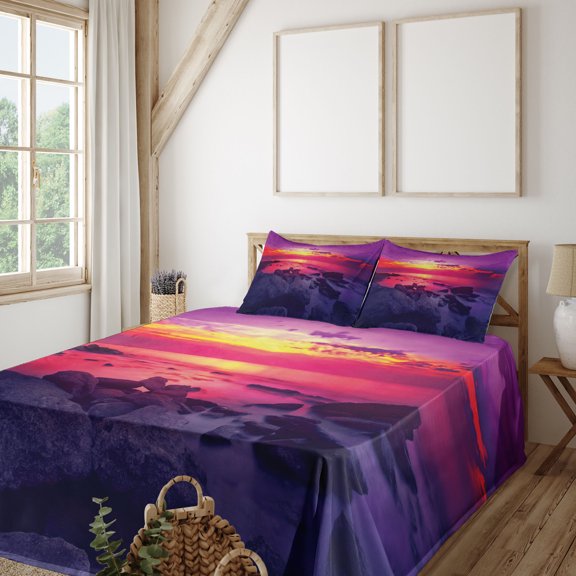 Ambesonne Ocean Fitted & Top Sheet Set with Shams, Sunset over Sea Cloudy, Purple Yellow Red