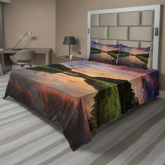 Ambesonne Forest Fitted & Top Sheet Set with Shams, Ukraine Scenic Panorama, Coral Green Blue