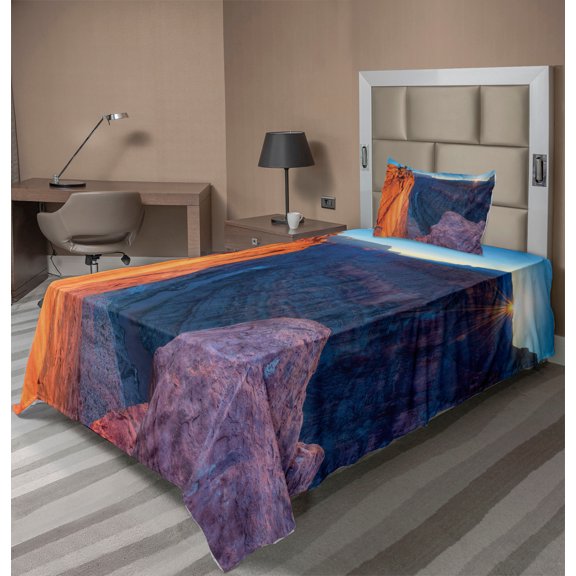 Ambesonne Landscape Fitted & Top Sheet Set with Sham, Sunrise at Toroweap, Purplegrey Orange Blue
