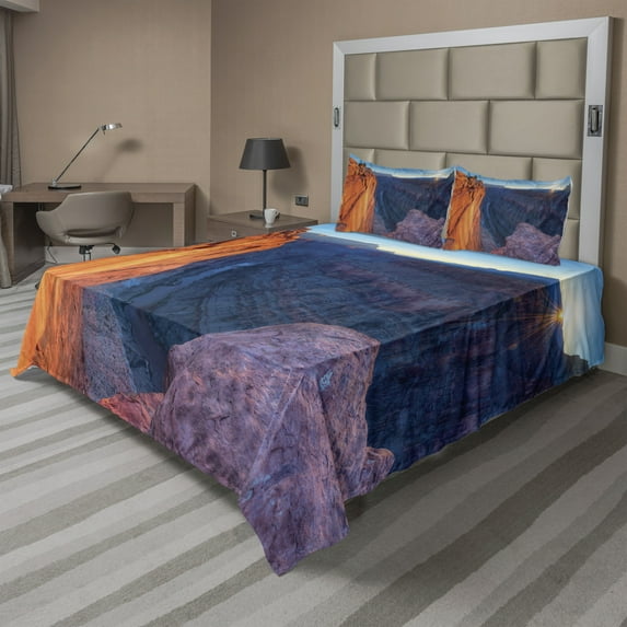 Ambesonne Landscape Fitted & Top Sheet Set with Shams, Sunrise at Toroweap, Purplegrey Orange Blue