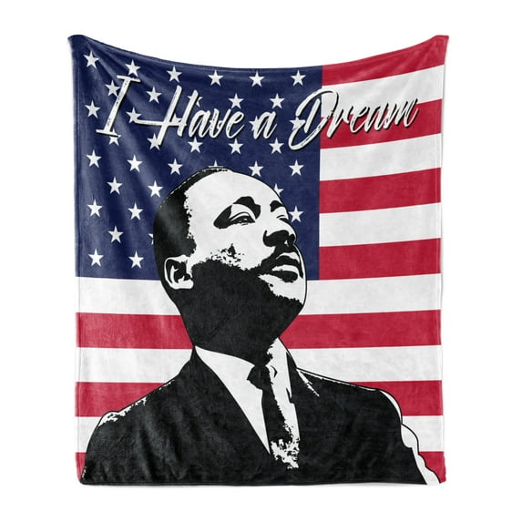 Americana Soft Flannel Fleece Blanket, Black and White Martin Luther King Portrait United States Flag and Famous Words, Cozy Plush for Indoor and Outdoor Use, 50" x 70", Multicolor, by Ambesonne