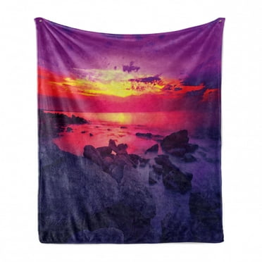 Americana Soft Flannel Fleece Blanket, Dramatic Sunset over the Sea Tropical Beach Summer Idyllic Scenery Image, Cozy Plush for Indoor and Outdoor Use, 70" x 90", Purple Red Yellow, by Ambesonne