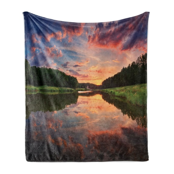 Americana Soft Flannel Fleece Blanket, Forest Park in Ukraine Scenic Panorama with Water Reflection Picture Print, Cozy Plush for Indoor and Outdoor Use, 50" x 70", Coral Green Blue, by Ambesonne