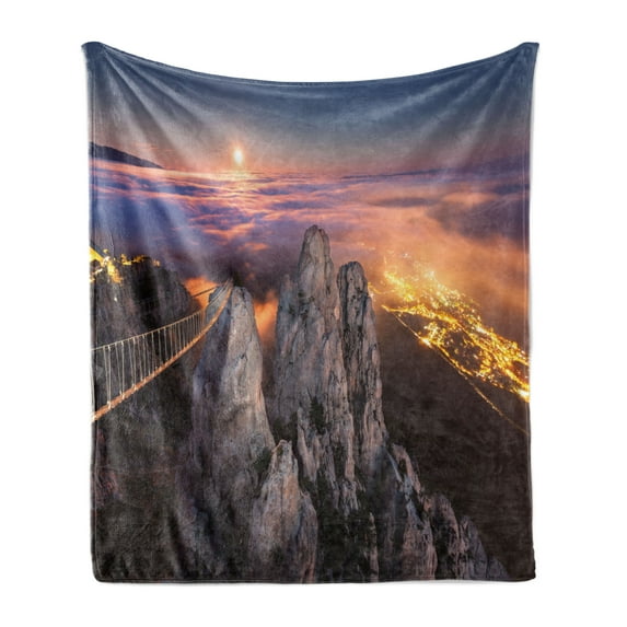 Americana Soft Flannel Fleece Throw Blanket, Night View in Ai Petri Full Moon Sunset in Alps Rocky Mountains Picture Print, Cozy Plush for Indoor and Outdoor Use, 60" x 80", Multicolor, by Ambesonne