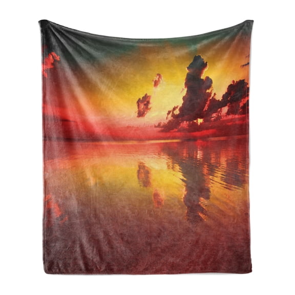 Americana Soft Flannel Fleece Throw Blanket, Sunrise over Sea Water Reflection Cloudy Horizon View, Cozy Plush for Indoor and Outdoor Use, 50" x 60", Forest Green Dark Coral, by Ambesonne
