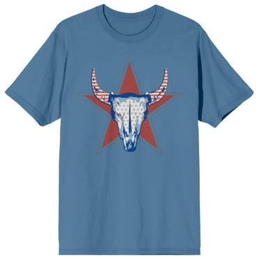 Americana Stars And Stripes Cow Skull Crew Neck Short Sleeve Blue Fog Men's T-shirt-3XL