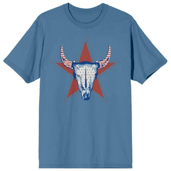 Americana Stars And Stripes Cow Skull Crew Neck Short Sleeve Blue Fog Men's T-shirt-Large