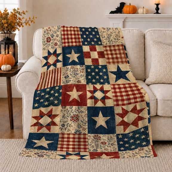 Americana Stars Gingham And Florals In Squares, Soft Flannel Blanket with Traditional Americana Patchwork Print, Housewarming Gift and Home Decor for Bedroom and Living Room