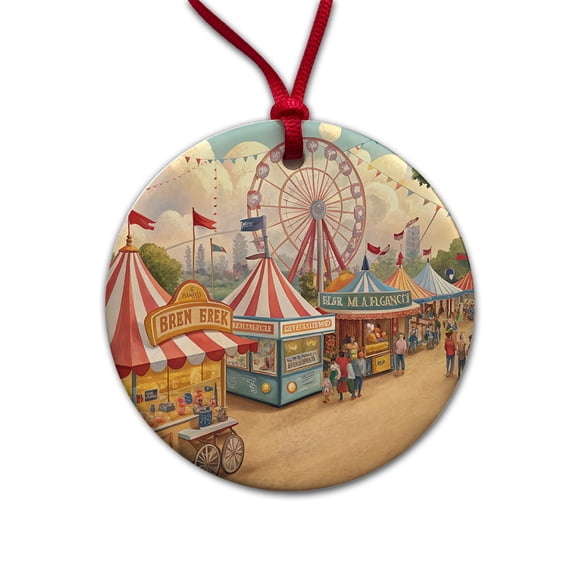 Americana State Fair Scene Christmas Tree Holiday Round Ceramic Ornament