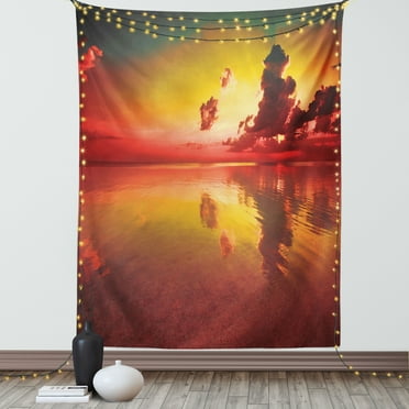 Americana Tapestry, Sunrise Over Sea Water Reflection Cloudy Horizon Morning View, Wall Hanging for Bedroom Living Room Dorm Decor, 60W X 80L Inches, Yellow Dark Coral Forest Green, by Ambesonne