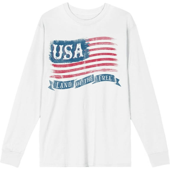 Americana USA Flag Land of the Free White Adult Crew Neck Long Sleeve Tee-Medium