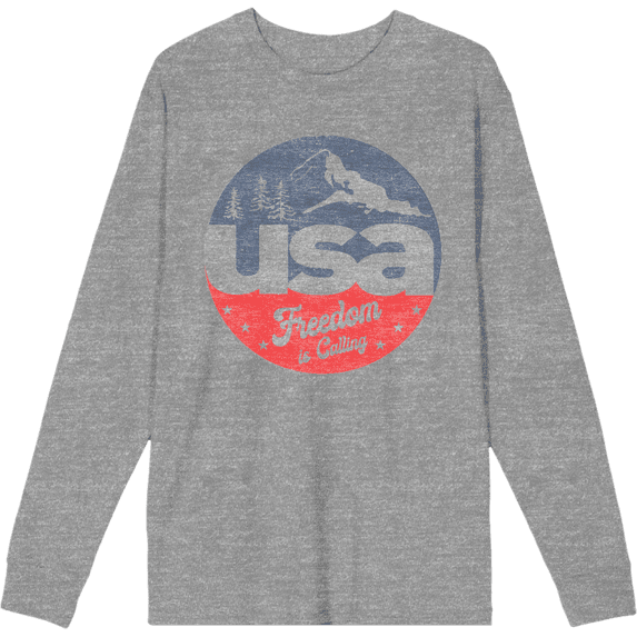 Americana USA Freedom Is Calling Heather Gray Adult Crew Neck Long Sleeve Tee-Medium