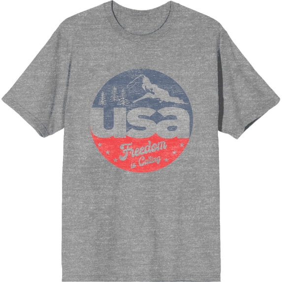 Americana USA Freedom Is Calling Heather Gray Men's Crew Neck Short Sleeve Tee-Medium