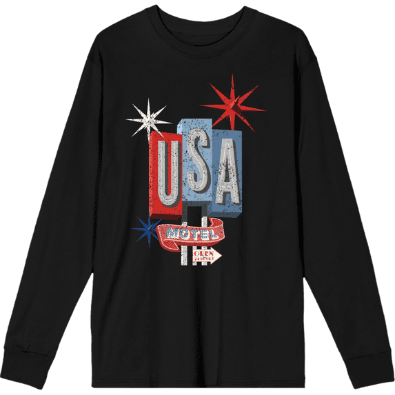Americana Vintage Motel Sign Black Adult Crew Neck Long Sleeve Tee-Medium