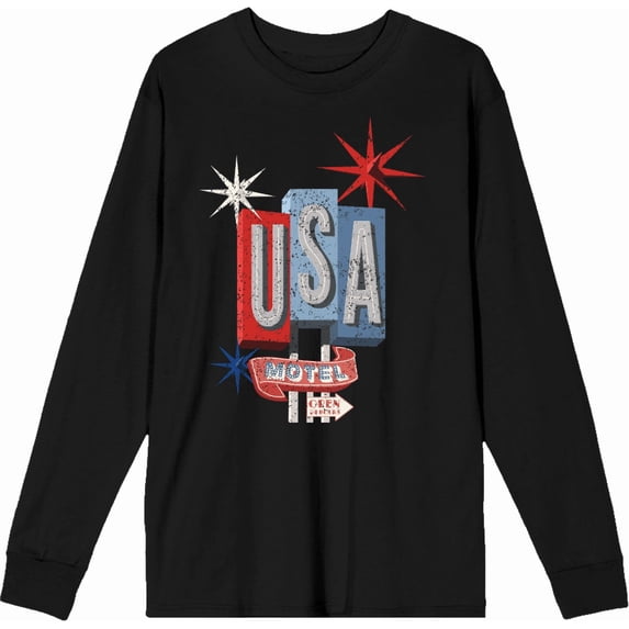 Americana Vintage Motel Sign Black Adult Crew Neck Long Sleeve Tee-Medium