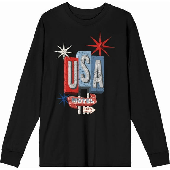 Americana Vintage Motel Sign Black Adult Crew Neck Long Sleeve Tee-XS