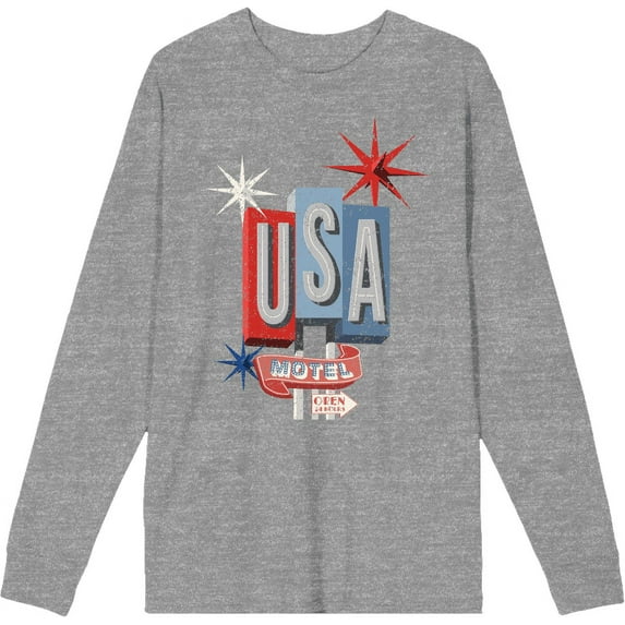 Americana Vintage Motel Sign Heather Gray Adult Crew Neck Long Sleeve Tee-Medium
