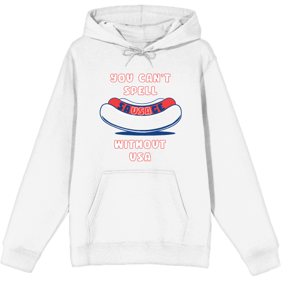 Americana You Can't Spell Sausage Without USA Long Sleeve Adult Hooded Sweatshirt-Large-White