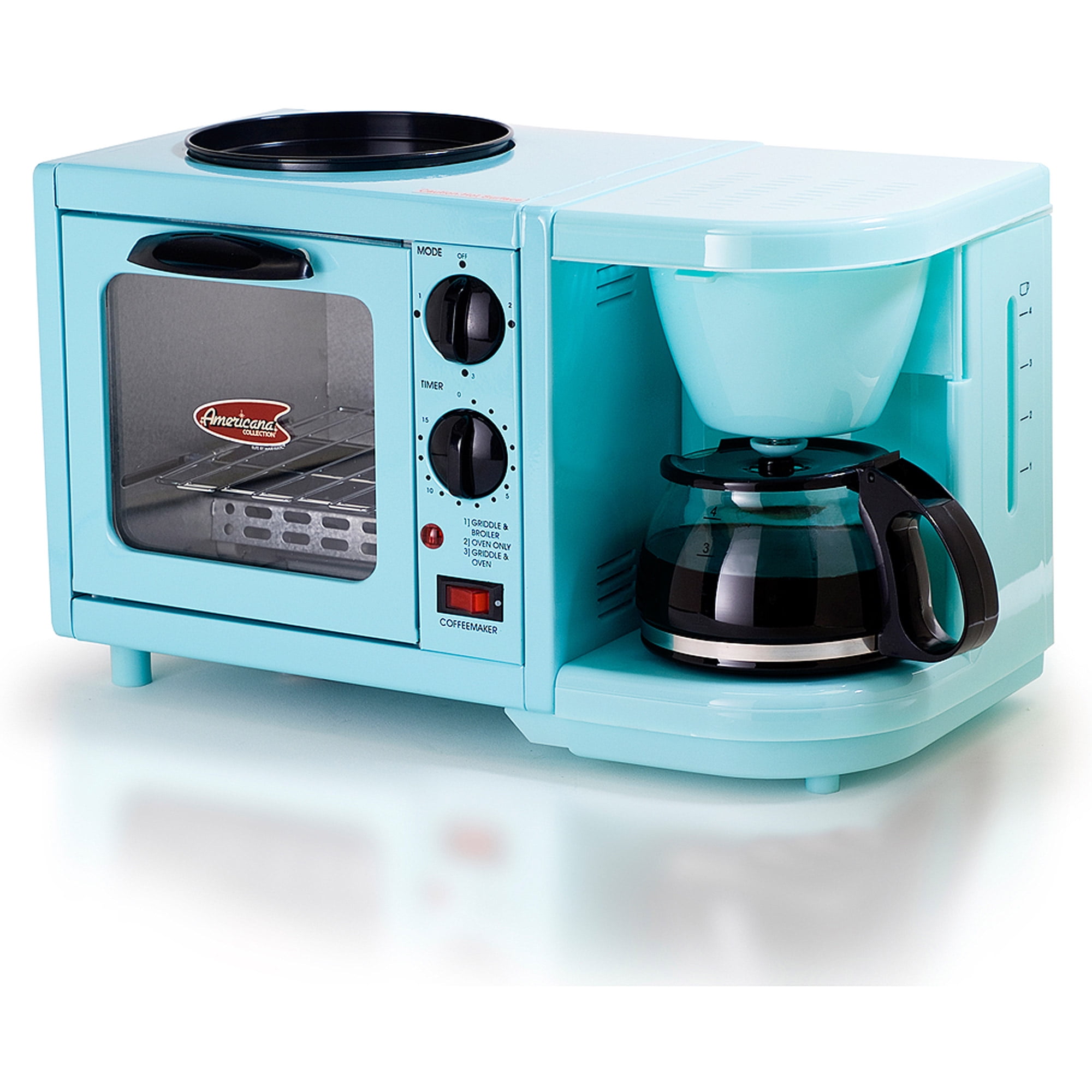 Americana by Elite EBK-200BL 3-in-1 Mini Breakfast Shoppe, Coffee, Toaster  Oven, Griddle, Mint Blue 