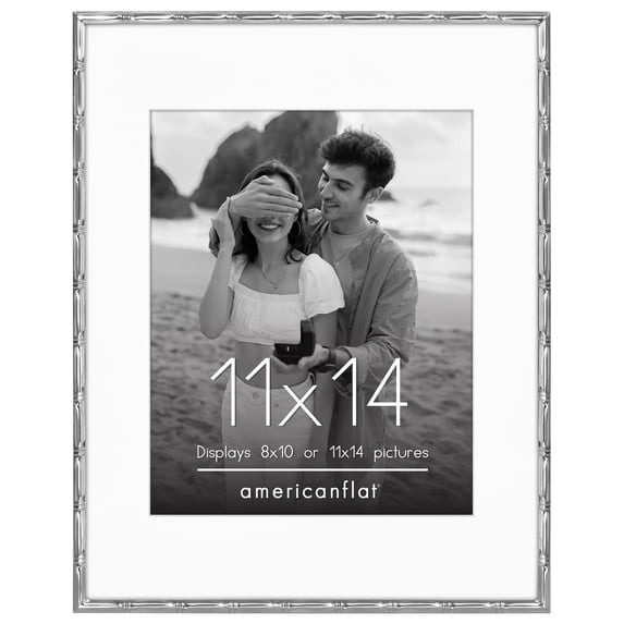 Americanflat 11x14 Picture Frame with Shatter-Resistant Glass with 8x10 Mat Metal Bamboo Style Photo - Silver