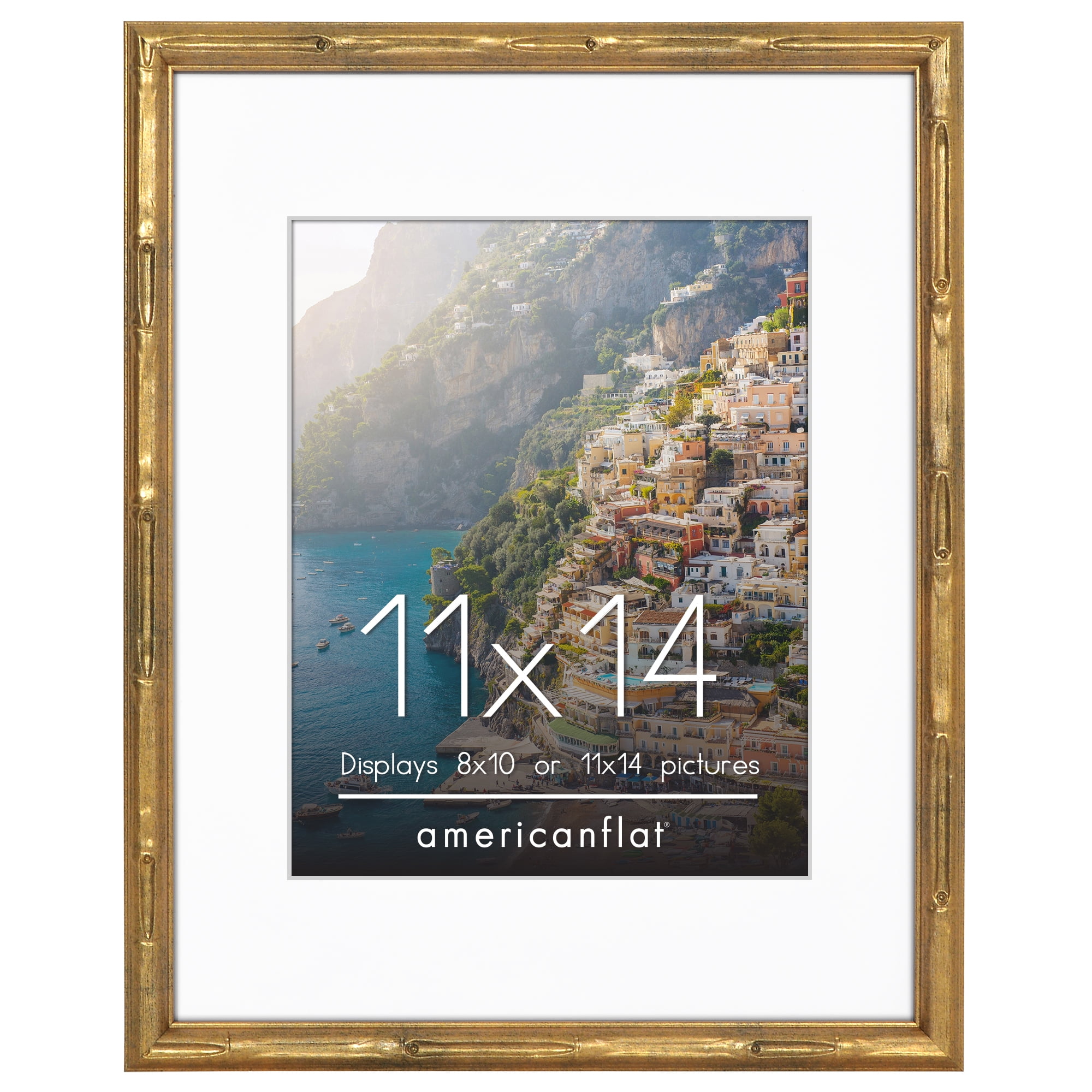 Americanflat 11x14 Picture Frame with Shatter-Resistant Glass with 8x10 Mat Bamboo Design Display Photo - Gold