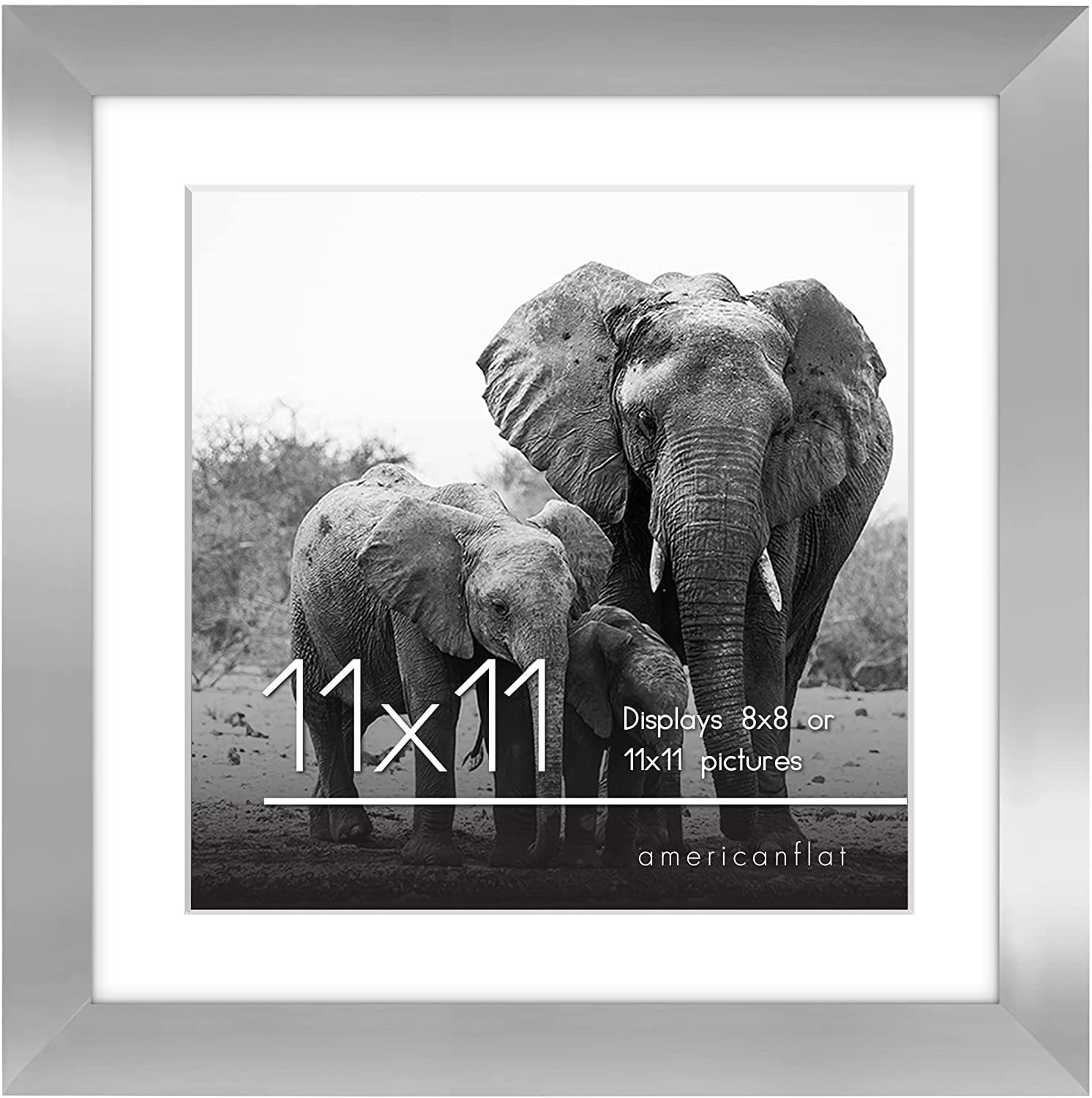 Americanflat 11x11 Picture Frame with Mat for 8x8, MDF wood and shatter-resistant glass, Silver
