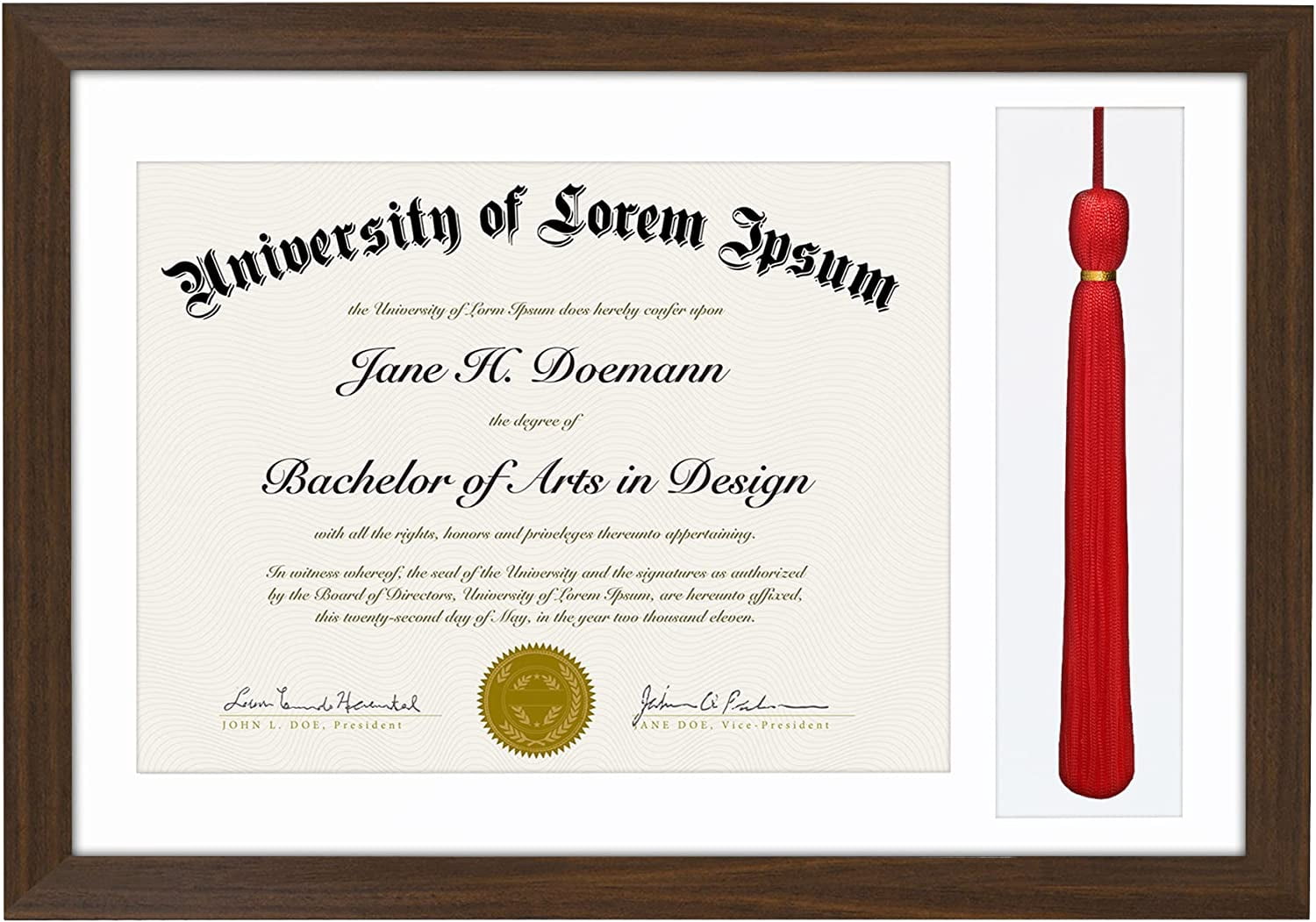 Americanflat 11x16 Walnut Graduation Frame 2 Opening Mat Displays 8.5"x11" Diploma or Certificate and Tassel. Tempered Shatter-Resistant Glass. 2X Sawtooth Hangers.