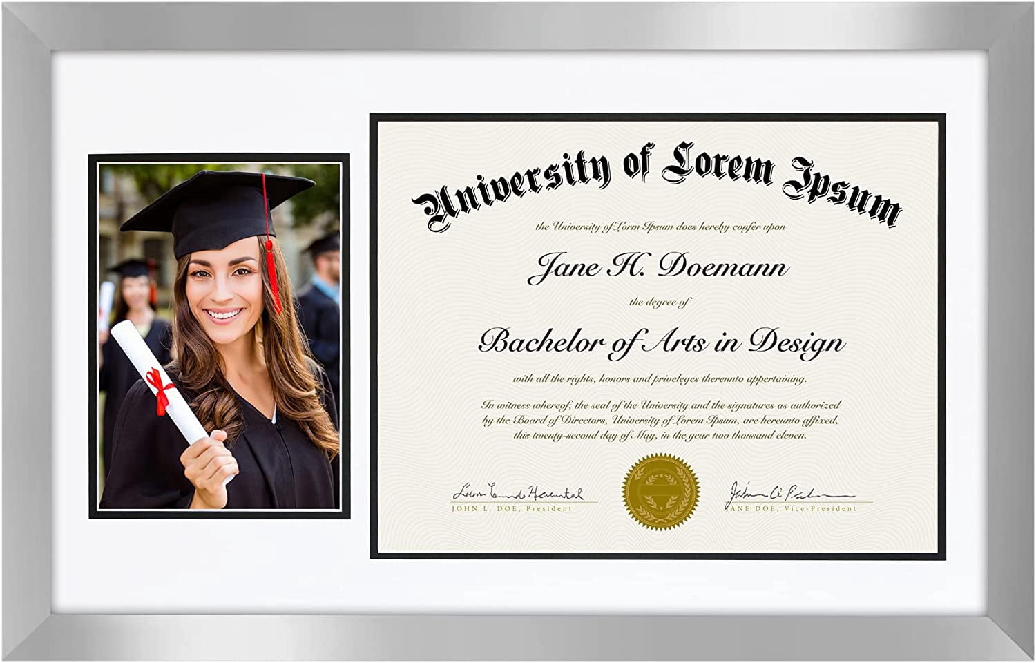 Americanflat 11x18 Graduation Frame in Silver Colored Wood with Two Opening Mat Displays - 5x7 Photo Frame and 8.5x11 Diploma Frame - Composite Wood and Polished Glass - Includes Hanging Hardware