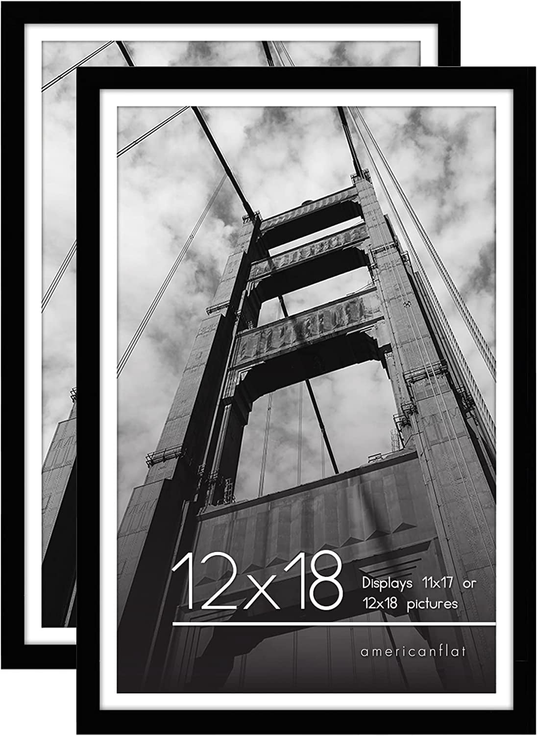 Americanflat 12x18 Picture Frame in Black with 11x17 Mat - Set of 2 Frames - Displays 11x17 " Photos With Mat and 12x18 Without Mat