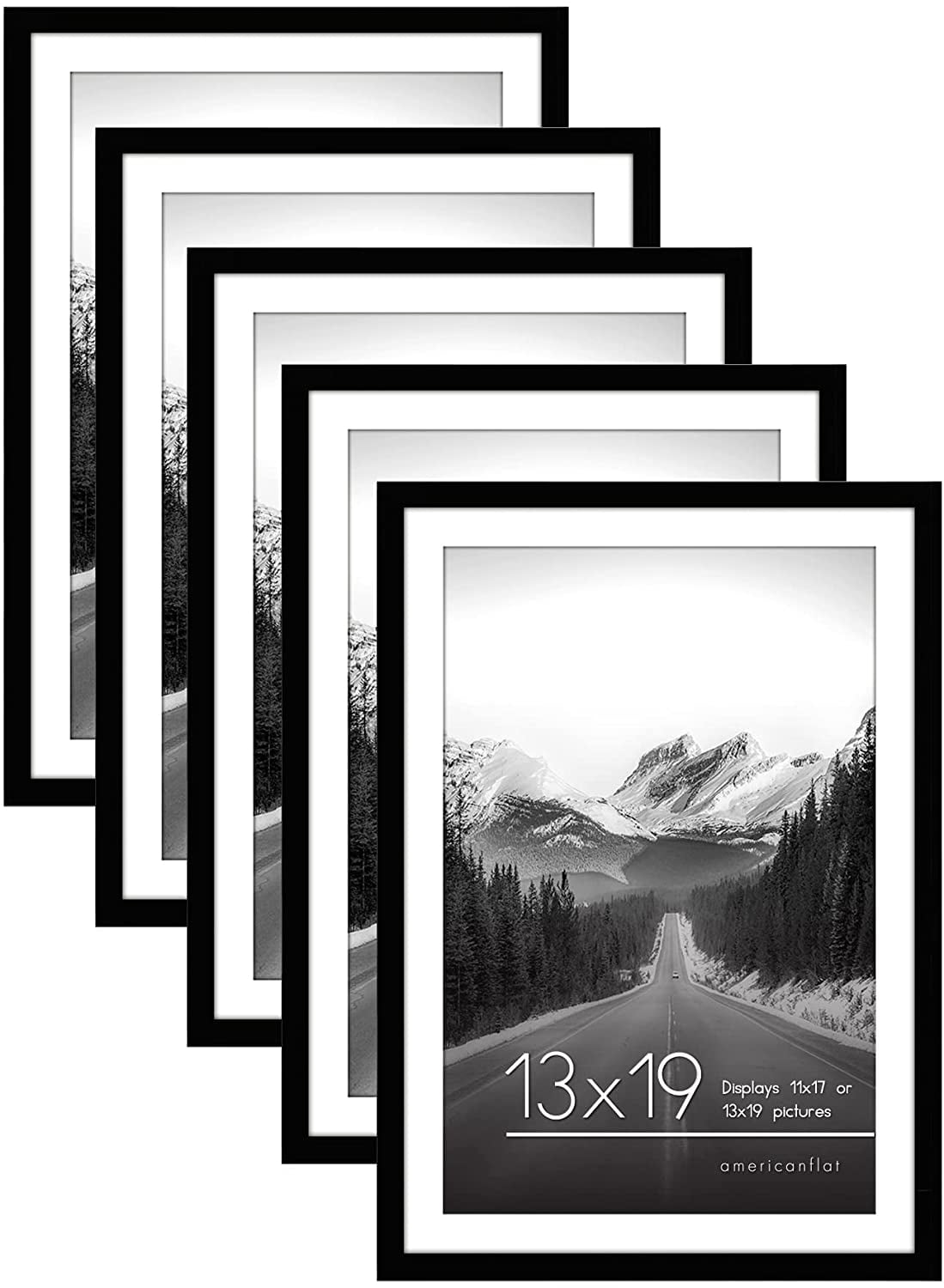 Americanflat 13x19 Picture Frame in Black - Displays 11x17 With Mat and 13x19 Without Mat - Set of 5 Frames with Sawtooth Hanging Hardware For Horizontal and Vertical Display