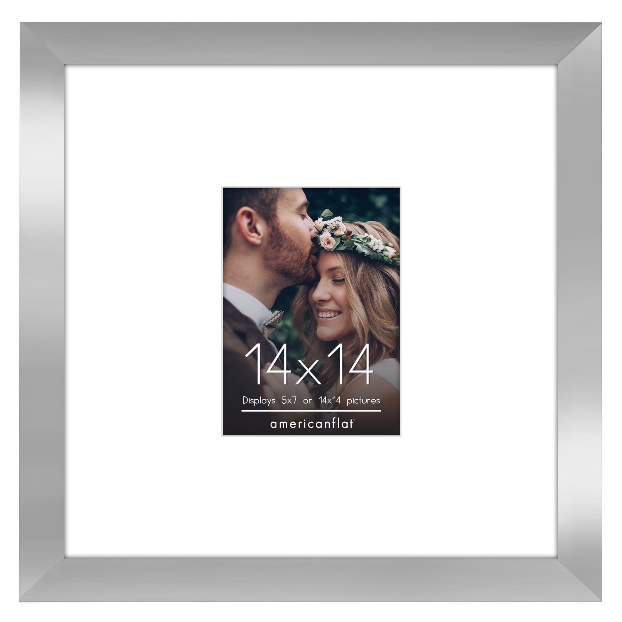 Americanflat 14x14 Picture Frame with Shatter-Resistant Glass with 5x7 Mat Wedding Signature Display - Silver