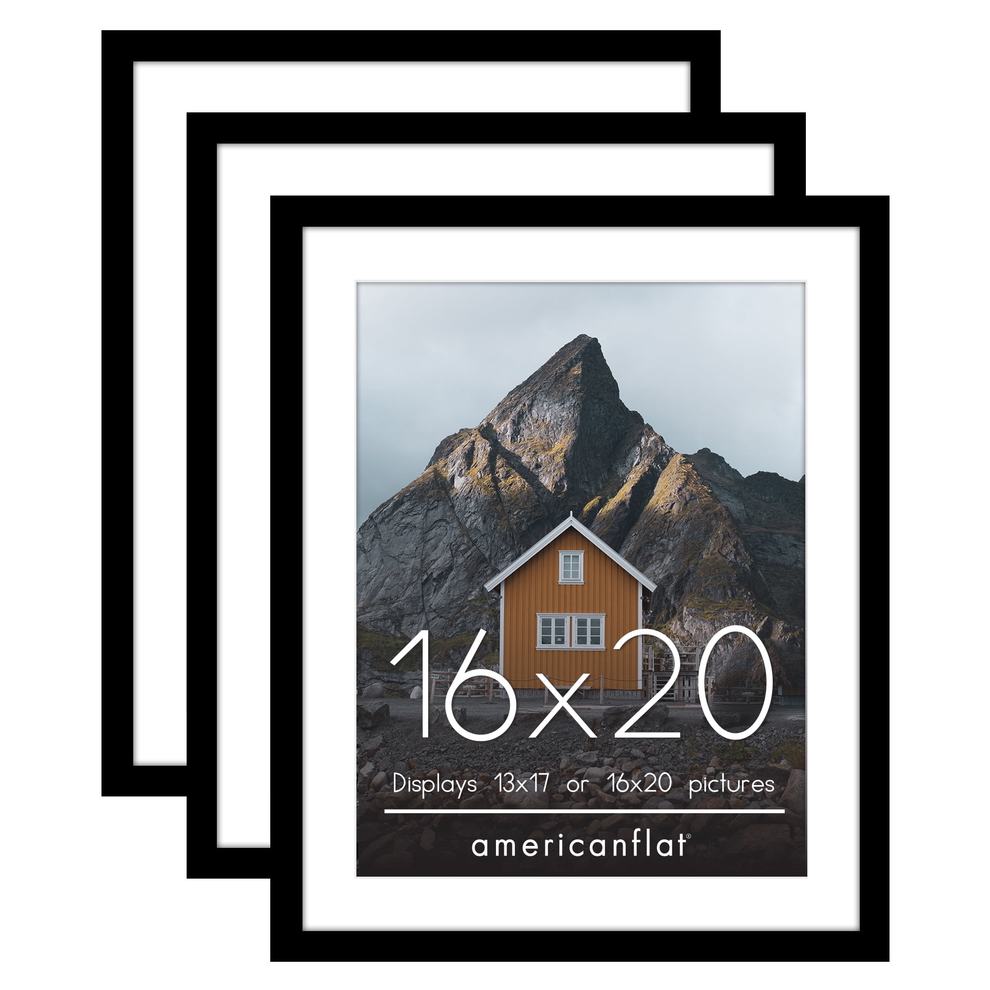 Americanflat 16x20 Black Picture Frames Shatter-Resistant Glass 3 Pack 13x17 With Mat or as 16x20 Frame Without Mat