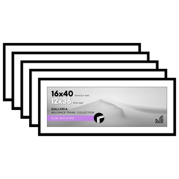 Americanflat 16x40 Picture Frame with Polished Plexiglass - Set of 5 - Use as 12x36 Frame with Mat or Display 16x40 Photo Without Mat - Galleria Collection - Picture Frames for Wall Display - Black