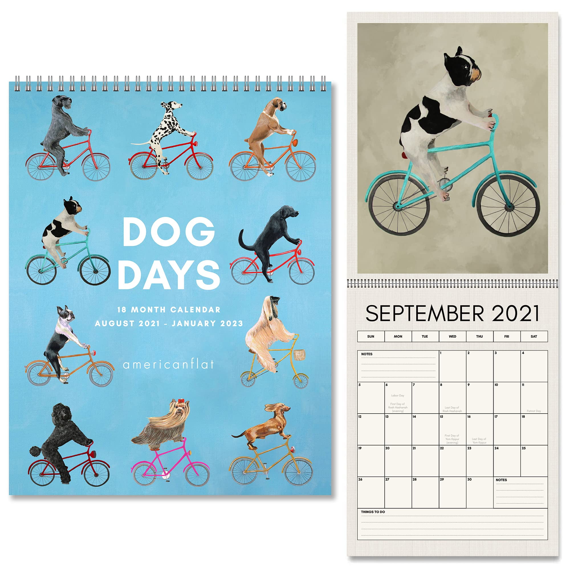 Americanflat 18 Month Wall Calendar - August 2021 to January 2023 - Dog Days Design, 10 x 26 Inches
