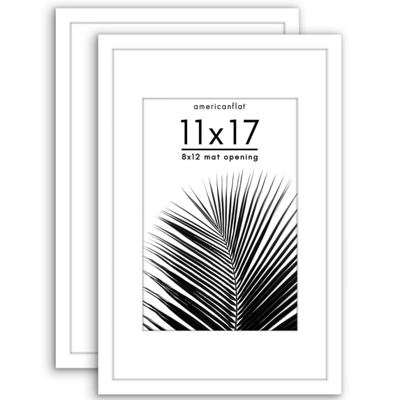 Americanflat 11x17 Picture Frame with Polished Plexiglass with 8x12 Mat 2 Pack Display Photo Galleria - White