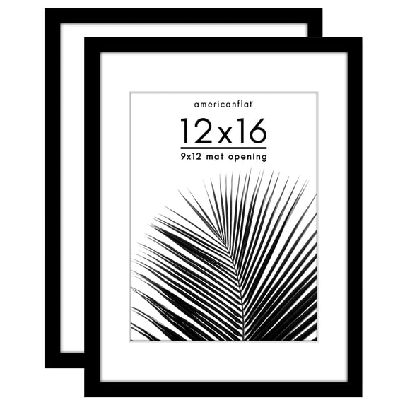Americanflat 12x16 Picture Frame with Polished Plexiglass with 9x12 Mat 2 Pack Display Photo Galleria - Black
