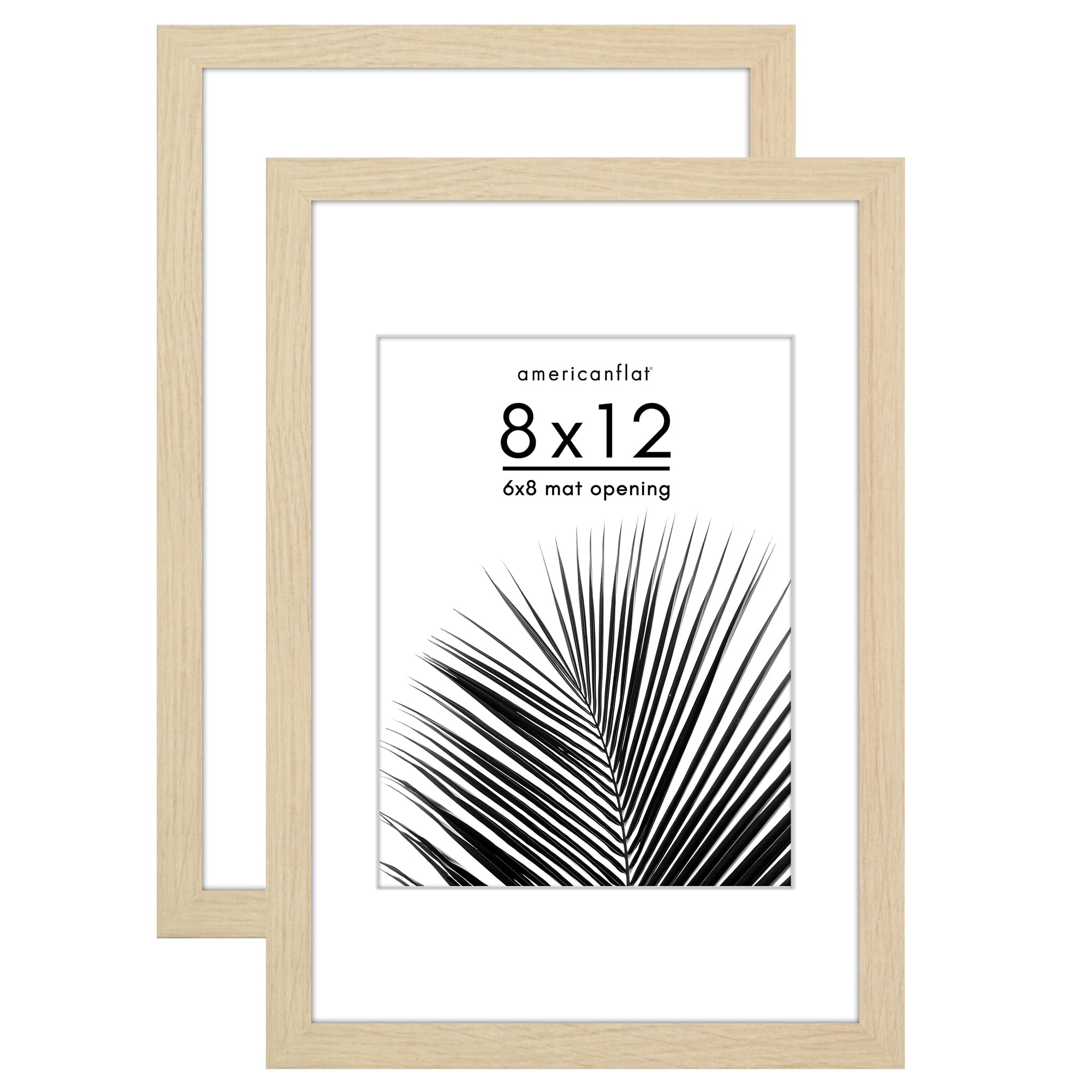 Americanflat 8x12 Picture Frame with Polished Plexiglass with 6x8 Mat 2 Pack Display Photo Wall - Natural Oak