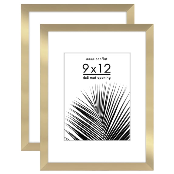 Americanflat 9x12 Picture Frame with Polished Plexiglass with 6x8 Mat 2 Pack Display Photo Galleria - Gold