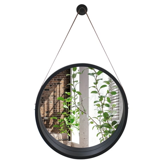 Americanflat 20" Black Round Mirror with Strap - Hanging Mirror for Wall - Circle Mirror for Bathroom, Bedroom, Entryway, Living Room - Large Mirror for Wall Decor