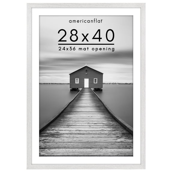 Americanflat 28x40 Poster Frame with Polished Plexiglass with 24x36 Mat Display Photo Hudson Wide - White