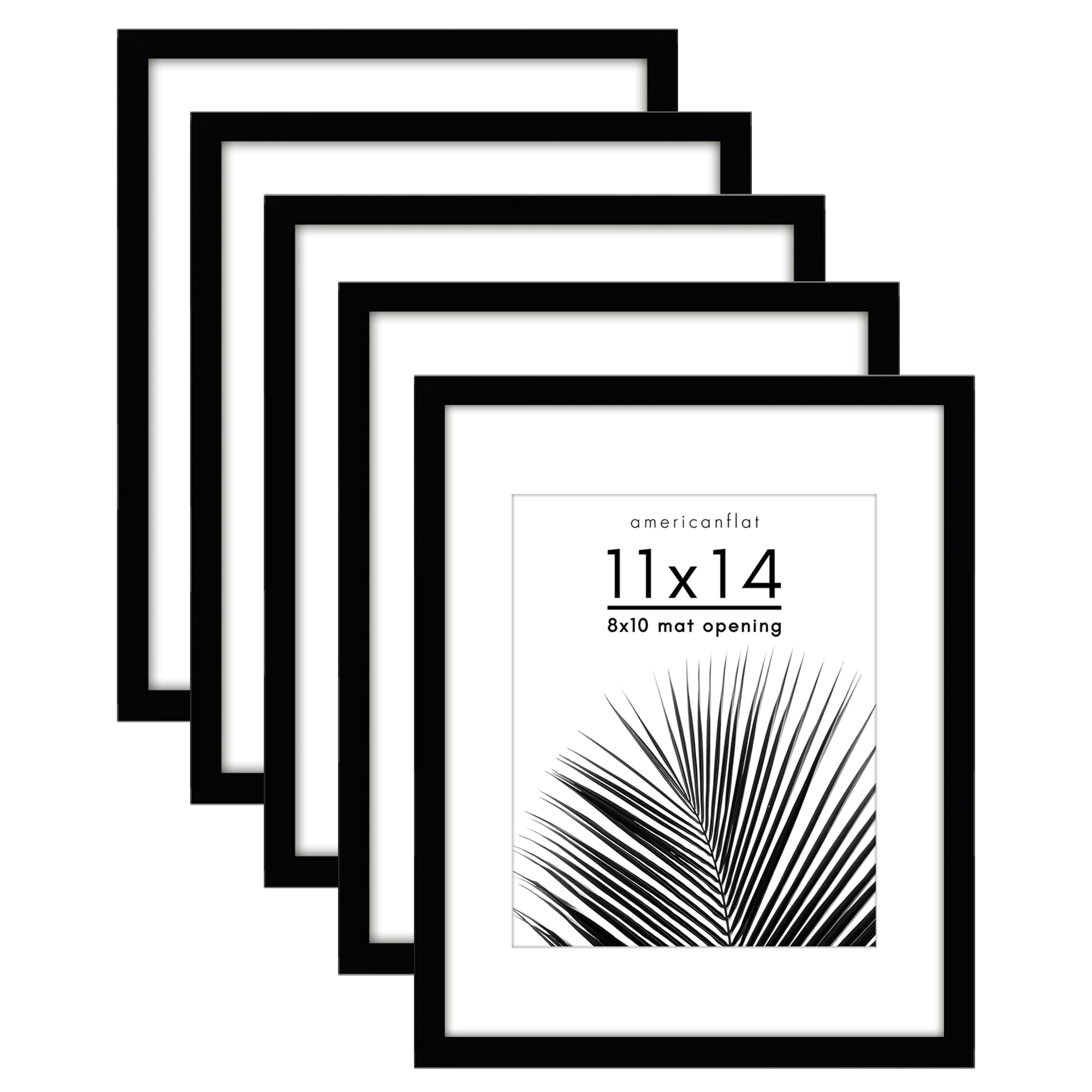 Americanflat 5 Pack of 11 x 14 Frames with 8 x 10 Mat - Plexiglass Cover - Black