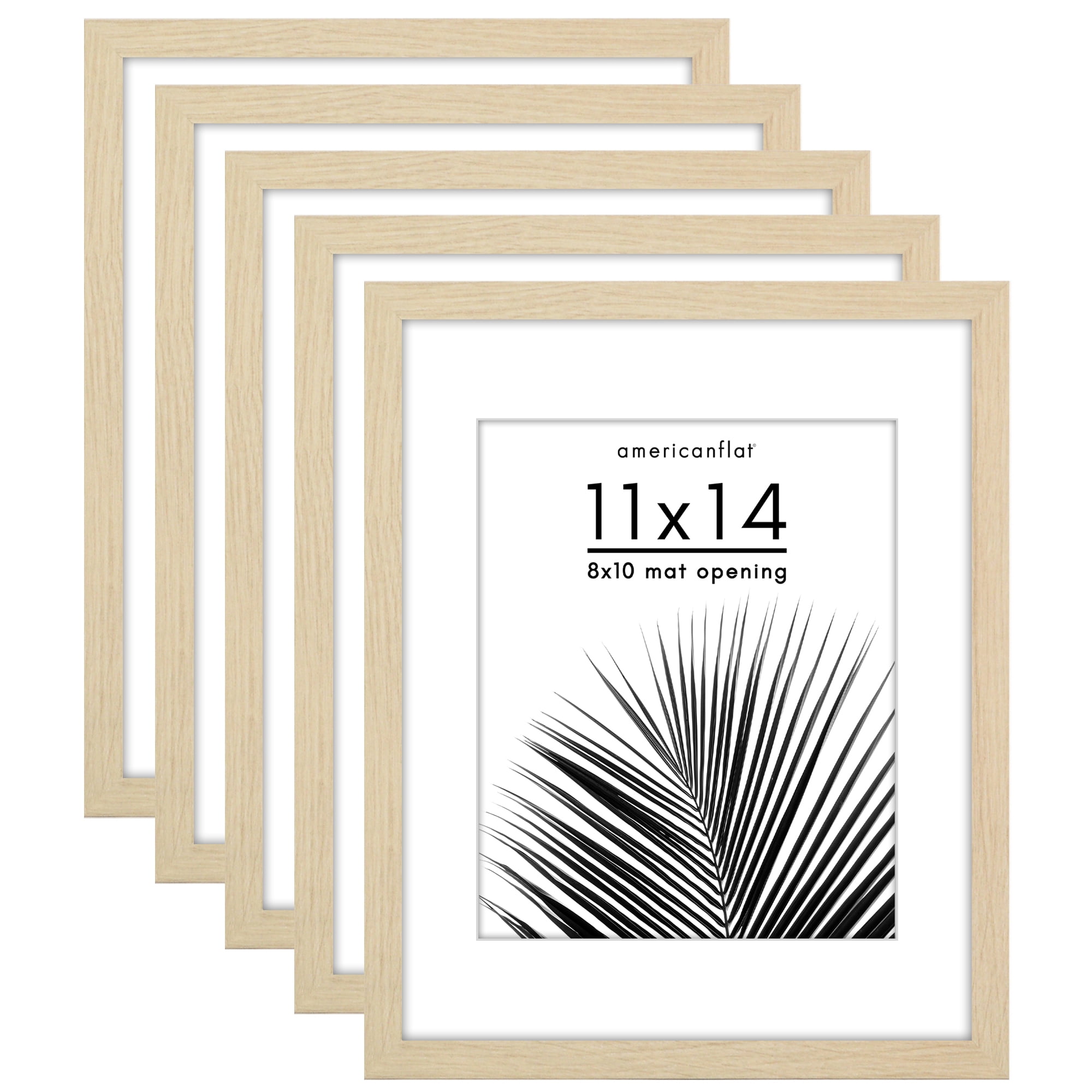 Americanflat 11x14 Picture Frame with Polished Plexiglass with 8x10 Mat 5 Pack Display Photo - Natural Oak