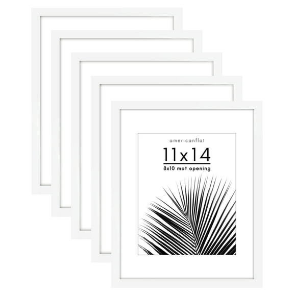 Americanflat 11x14 Picture Frame with Polished Plexiglass with 8x10 Mat 5 Pack Display Photo Galleria - White