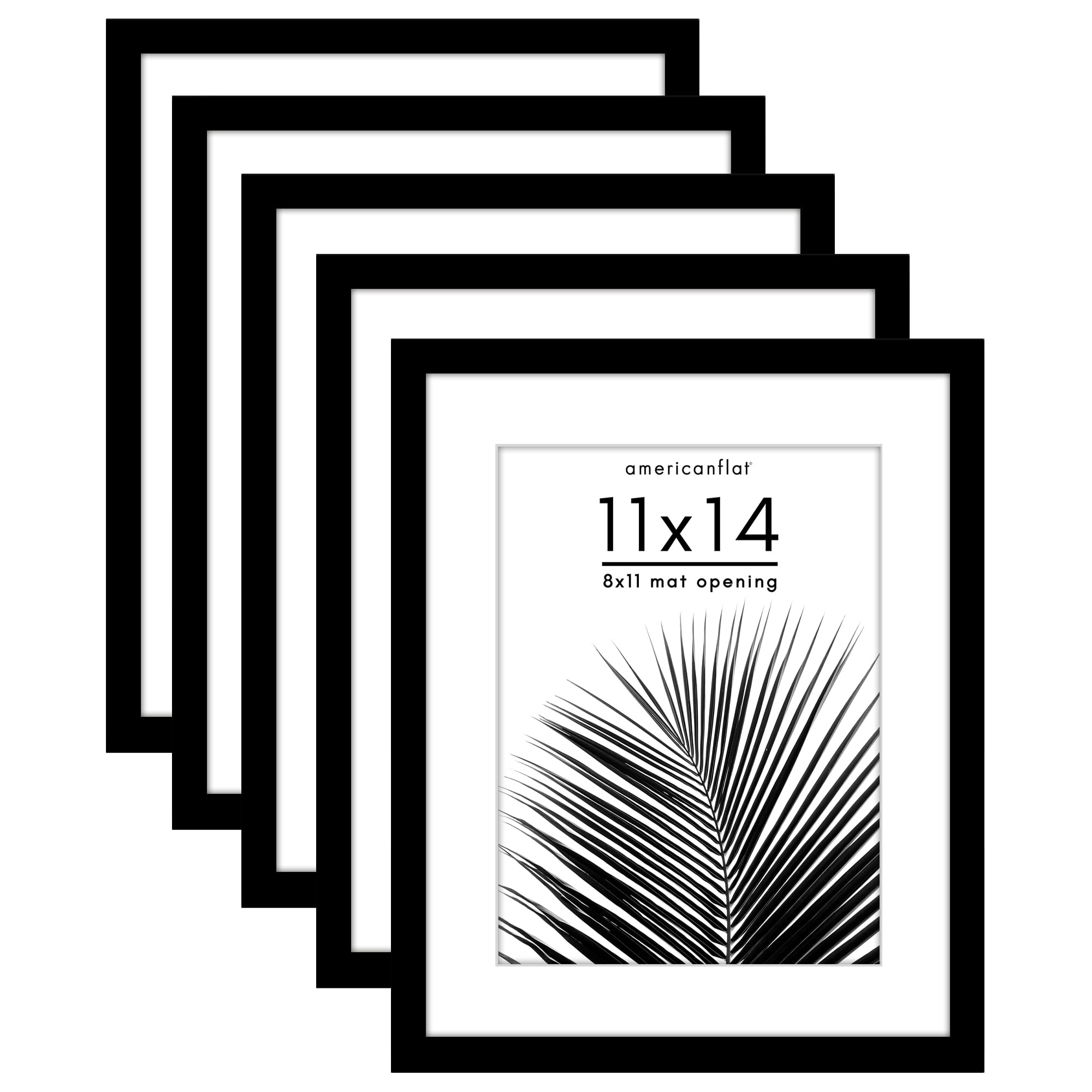 Americanflat 11x14 Picture Frame with Polished Plexiglass with 8x11 Mat 5 Pack Display Photo Galleria - Black