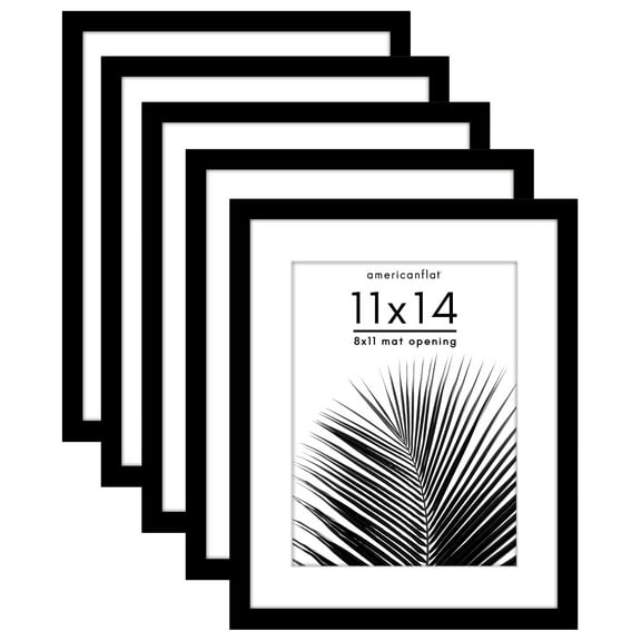 Americanflat 5 Pack of 11x14 Frames with 8x11 Mat - Plexiglass Cover - Black