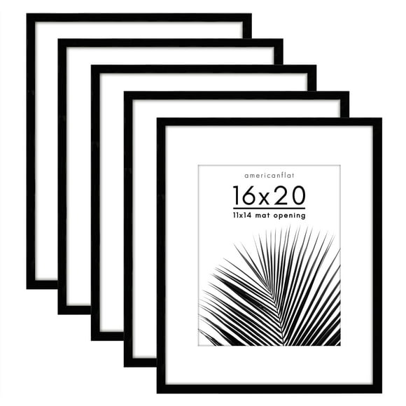 Americanflat 5 Pack of 16x20 Frames with 11x14 Mat - Plexiglass Cover - Black