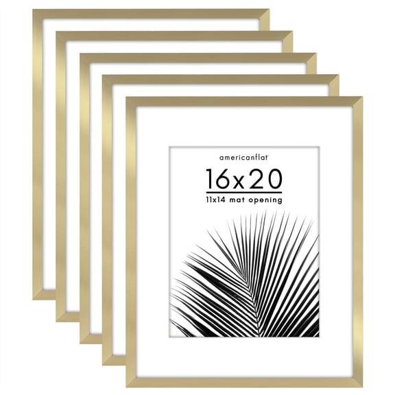 Americanflat 5 Pack of 16x20 Frames with 11x14 Mat - Plexiglass Cover - Gold