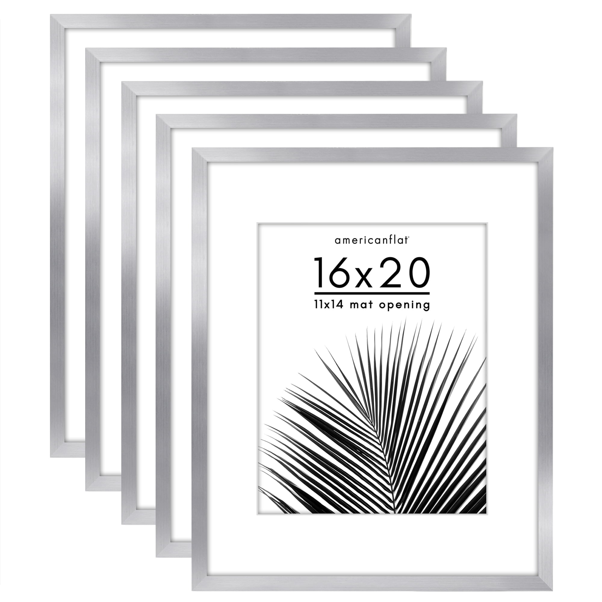 Americanflat 16x20 Picture Frame with Polished Plexiglass with 11x14 Mat 5 Pack Display Photo Frames - Silver
